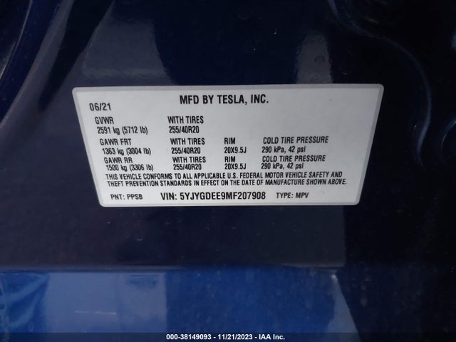 2021 TESLA MODEL Y LONG RANGE DUAL MOTOR ALL-WHEEL DRIVE VIN: 5YJYGDEE9MF207908