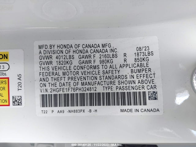 2023 HONDA CIVIC EX W/O BSI /EX VIN: 2HGFE1F76PH324812