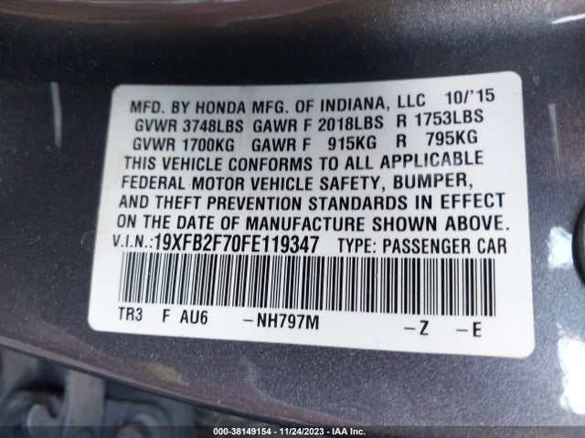 2015 HONDA CIVIC SE VIN: 19XFB2F70FE119347