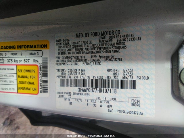 Ford FUSION SE 2017 3FA6P0H77HR107118 Image 9
