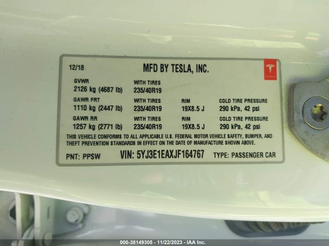 5YJ3E1EAXJF164767 Tesla Model 3 Mid Range/long Range