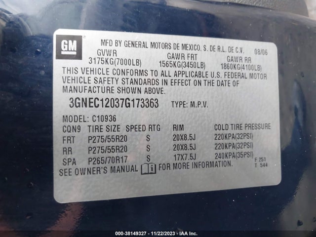2007 CHEVROLET AVALANCHE 1500 LT VIN: 3GNEC12037G173363