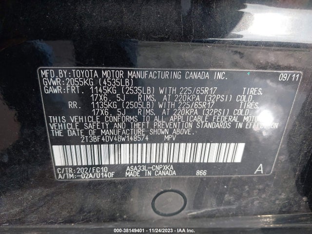 2011 TOYOTA RAV4 VIN: 2T3BF4DV4BW148574
