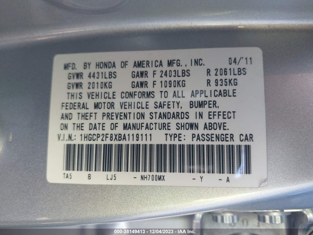 2011 HONDA ACCORD 2.4 EX-L VIN: 1HGCP2F8XBA119111