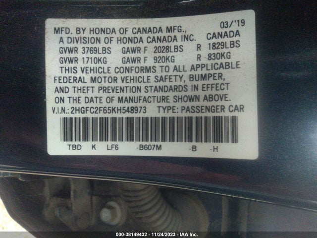 2019 HONDA CIVIC LX VIN: 2HGFC2F65KH548973