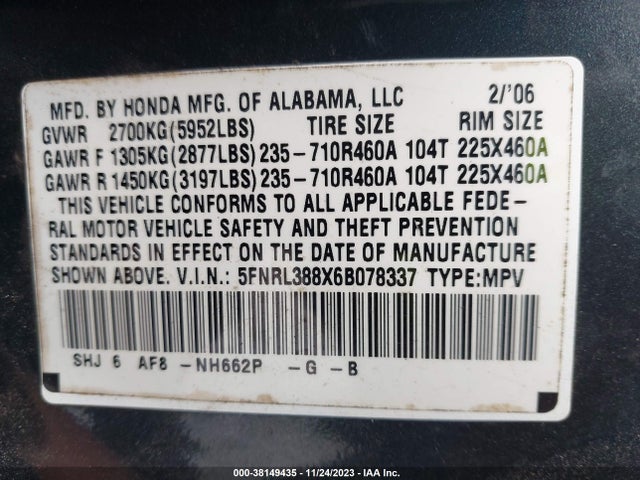 2006 HONDA ODYSSEY TOURING VIN: 5FNRL388X6B078337