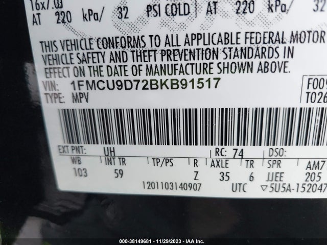 Продажа на аукционе авто 2011 Ford Escape Xlt, vin: 1FMCU9D72BKB91517, номер лота: 38149681