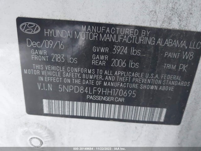 2017 HYUNDAI ELANTRA SE VIN: 5NPD84LF9HH170695