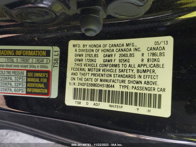 2013 HONDA CIVIC EX VIN: 2HGFG3B86DH518644