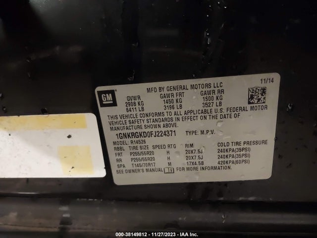 Chevrolet Traverse 1lt 2015 1GNKRGKD0FJ224371 Image 9