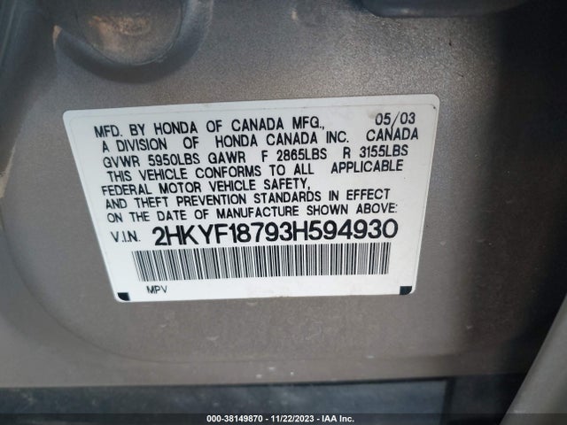 2003 HONDA PILOT EX-L VIN: 2HKYF18793H594930