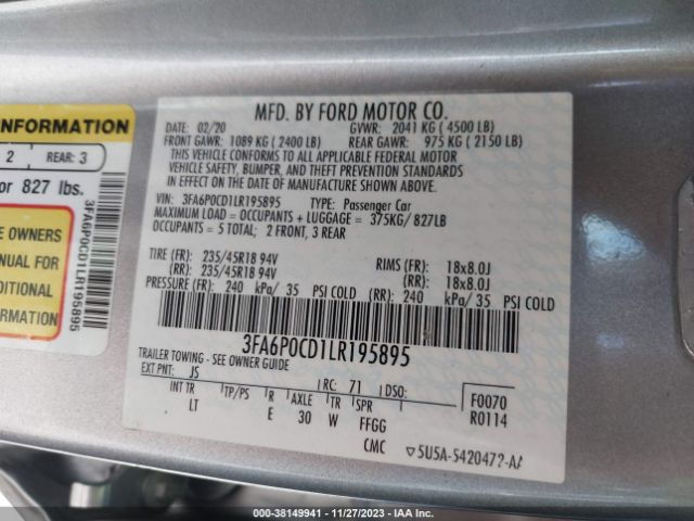 3FA6P0CD1LR195895 Ford FUSION SEL