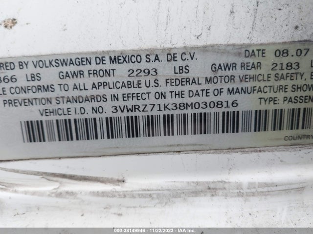 2008 VOLKSWAGEN JETTA SE/SEL VIN: 3VWRZ71K38M030816