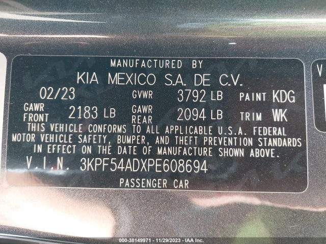 2023 KIA FORTE GT LINE VIN: 3KPF54ADXPE608694