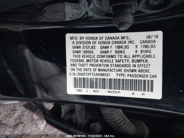Honda CIVIC EX 2018 2HGFC2F72JH596521 Image 9