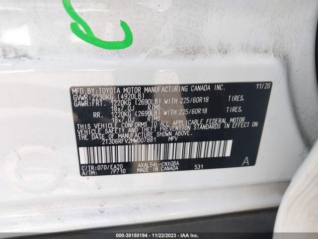 2021 TOYOTA RAV4 LIMITED HYBRID VIN: 2T3D6RFV2MW007881