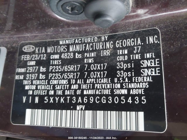 2012 KIA SORENTO LX VIN: 5XYKT3A69CG305435