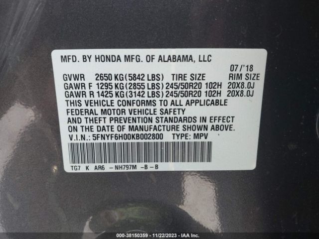 5FNYF6H00KB002800 Honda Pilot Elite