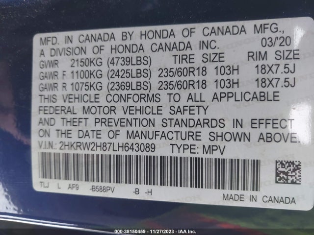 Honda Cr-v Awd Ex-l 2020 2HKRW2H87LH643089 Image 9