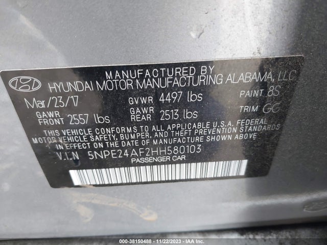 2017 HYUNDAI SONATA VIN: 5NPE24AF2HH580103