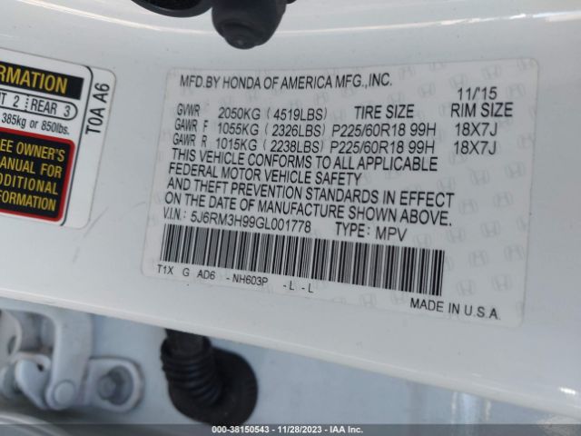 5J6RM3H99GL001778 Honda Cr-v Touring