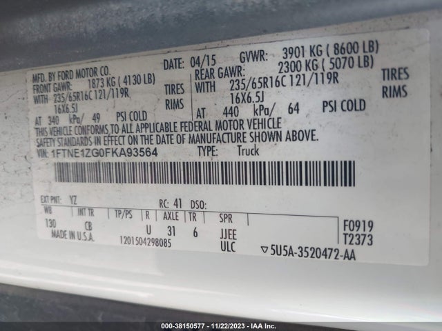 Продаж на аукціоні авто 2015 Ford Transit-150, vin: 1FTNE1ZG0FKA93564, номер лоту: 38150577