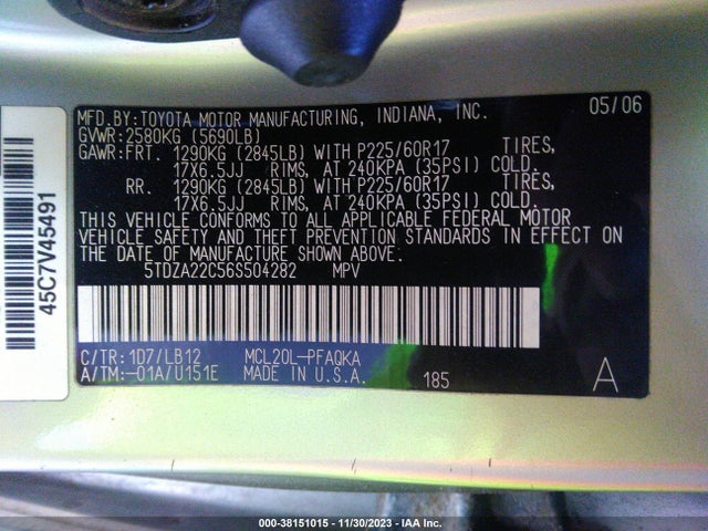 2006 TOYOTA SIENNA XLE VIN: 5TDZA22C56S504282