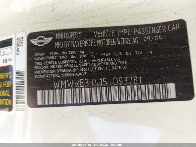 2005 MINI COOPER S WMWRE33415TD93781 Photo 8