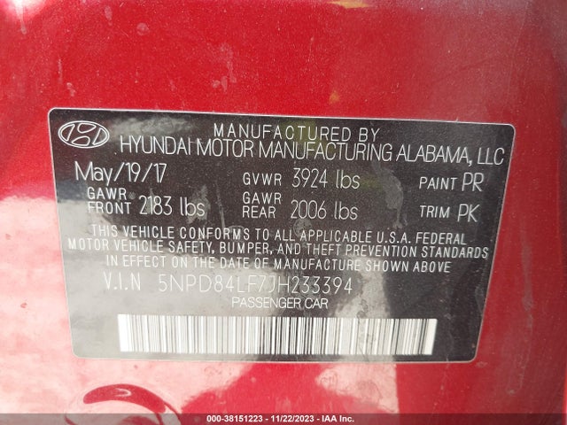 2018 HYUNDAI ELANTRA SEL VIN: 5NPD84LF7JH233394