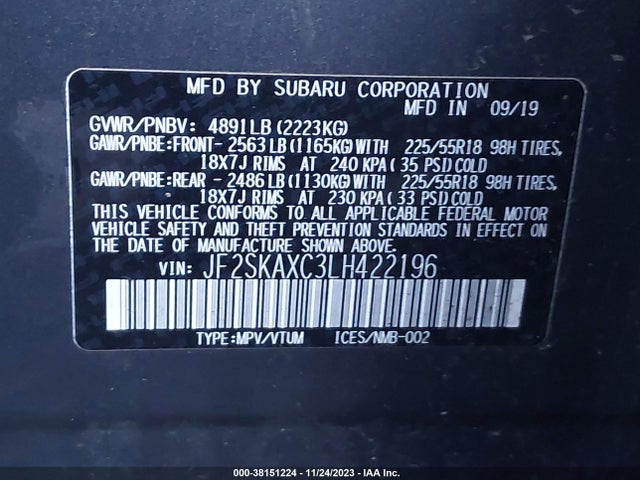 2020 SUBARU FORESTER TOURING VIN: JF2SKAXC3LH422196