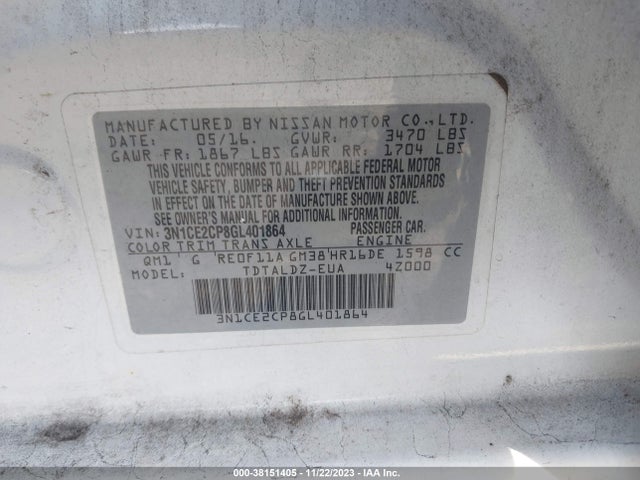 2016 NISSAN VERSA NOTE S PLUS/SV/SR/S (SR)/SL VIN: 3N1CE2CP8GL401864