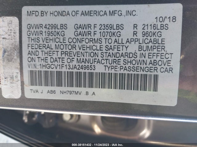 2018 HONDA ACCORD LX VIN: 1HGCV1F13JA249653