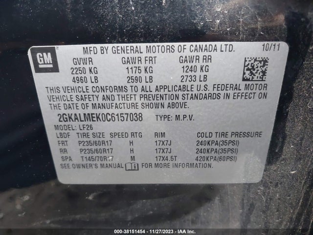 2012 GMC TERRAIN SLE-1 VIN: 2GKALMEK0C6157038