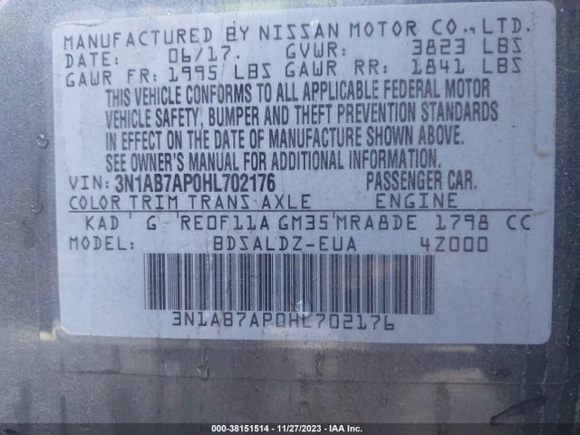 2017 NISSAN SENTRA SV VIN: 3N1AB7AP0HL702176