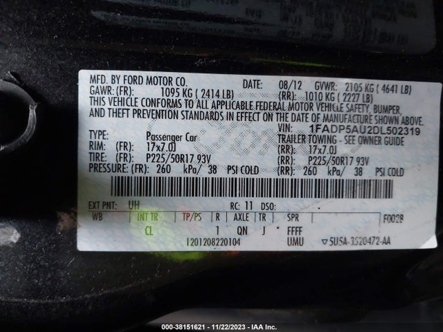 38151621 :رقم المزاد ، 1FADP5AU2DL502319 vin ، 2013 Ford C-max Hybrid Se مزاد بيع