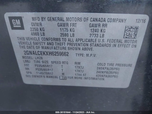 Chevrolet EQUINOX LT 2017 2GNALCEKXH6259662 Image 9