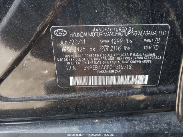 2012 HYUNDAI SONATA GLS VIN: 5NPEB4AC8CH319718
