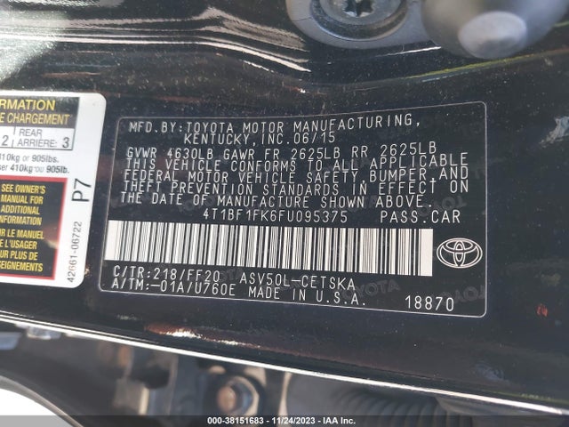 2015 TOYOTA CAMRY SE VIN: 4T1BF1FK6FU095375