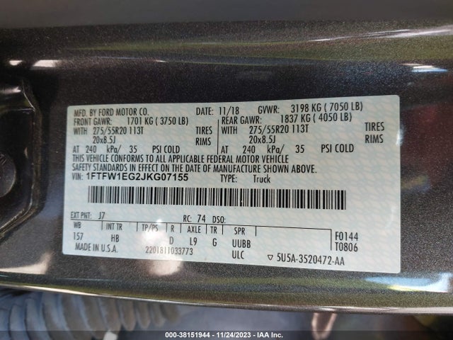 Ford F-150 Lariat 2018 1FTFW1EG2JKG07155 Image 9