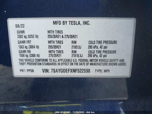 2022 TESLA MODEL Y PERFORMANCE DUAL MOTOR ALL-WHEEL DRIVE VIN: 7SAYGDEFXNF522598