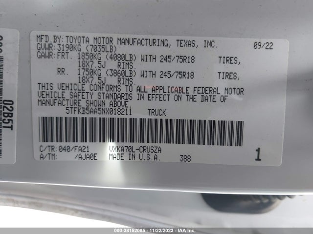 Toyota Tundra Sr 2022 5TFKB5AA5NX018211 Image 9