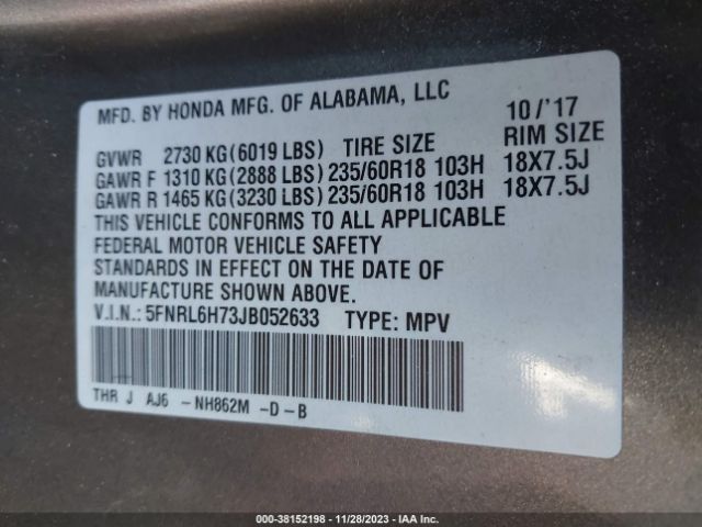 5FNRL6H73JB052633 Honda Odyssey Ex-l