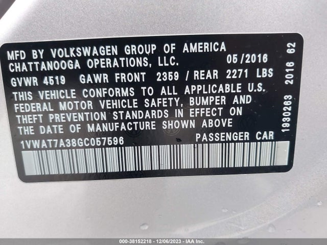 2016 VOLKSWAGEN PASSAT 1.8T S VIN: 1VWAT7A38GC057596