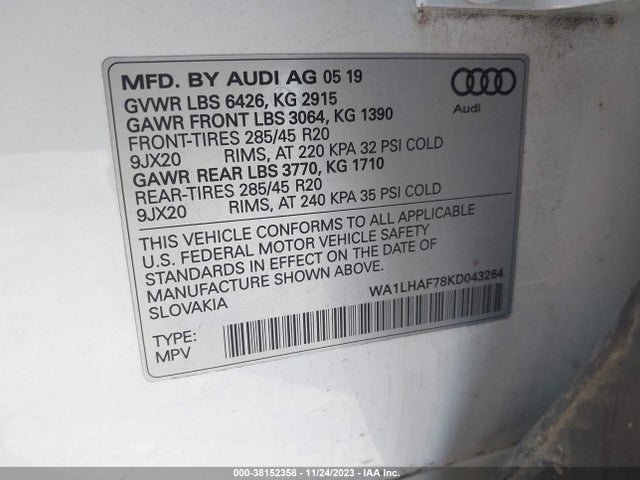 2019 AUDI Q7 45 PREMIUM VIN: WA1LHAF78KD043264