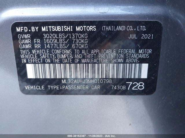 2021 MITSUBISHI MIRAGE CARBONITE EDITION/ES/LE VIN: ML32AUHJ3MH010798
