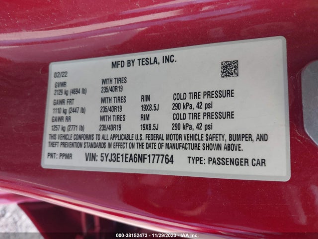 Tesla Model 3 Rear-wheel Drive 2022 5YJ3E1EA6NF177764 Image 9
