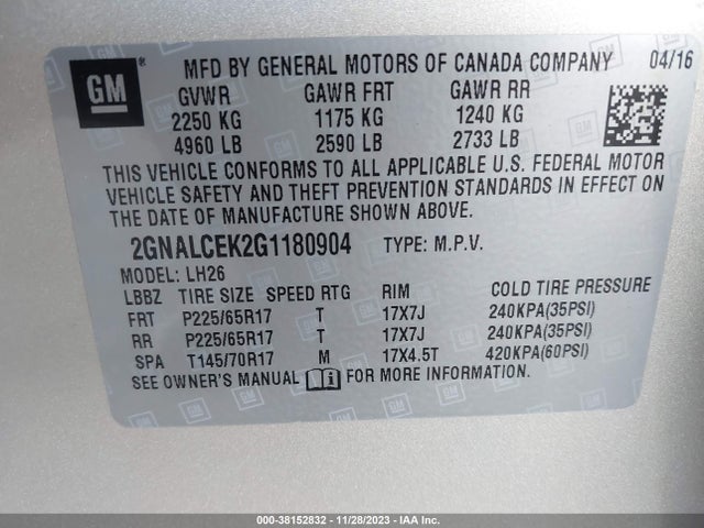 Chevrolet EQUINOX LT 2016 2GNALCEK2G1180904 Image 9
