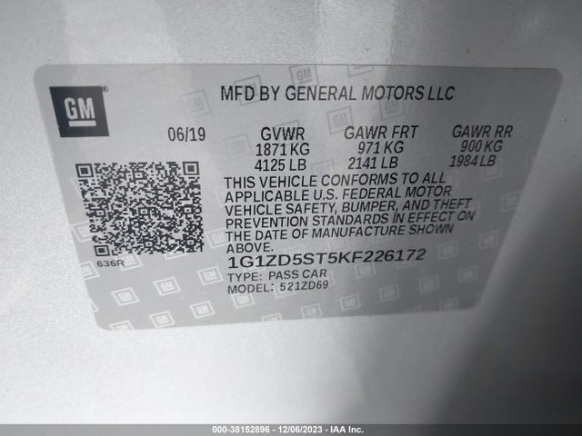 2019 CHEVROLET MALIBU LT VIN: 1G1ZD5ST5KF226172