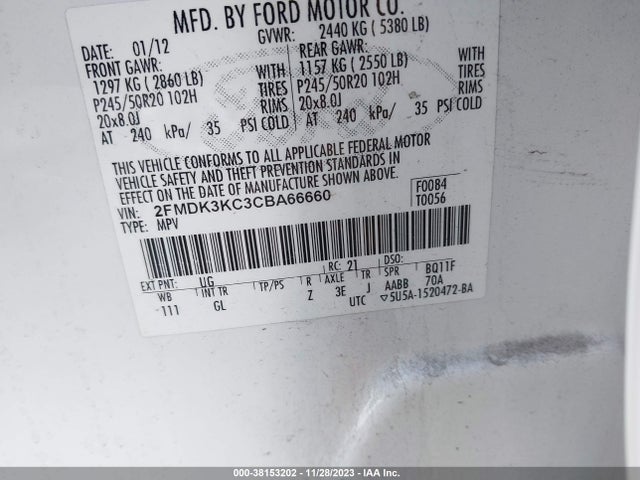 2012 FORD EDGE LIMITED VIN: 2FMDK3KC3CBA66660