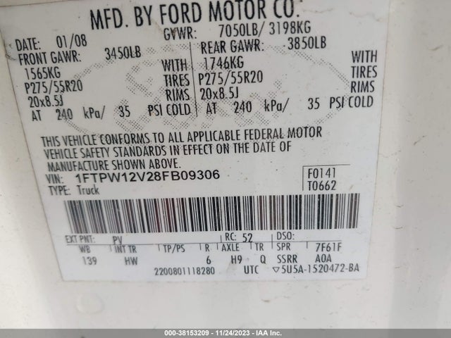 2008 FORD F-150 LARIAT VIN: 1FTPW12V28FB09306
